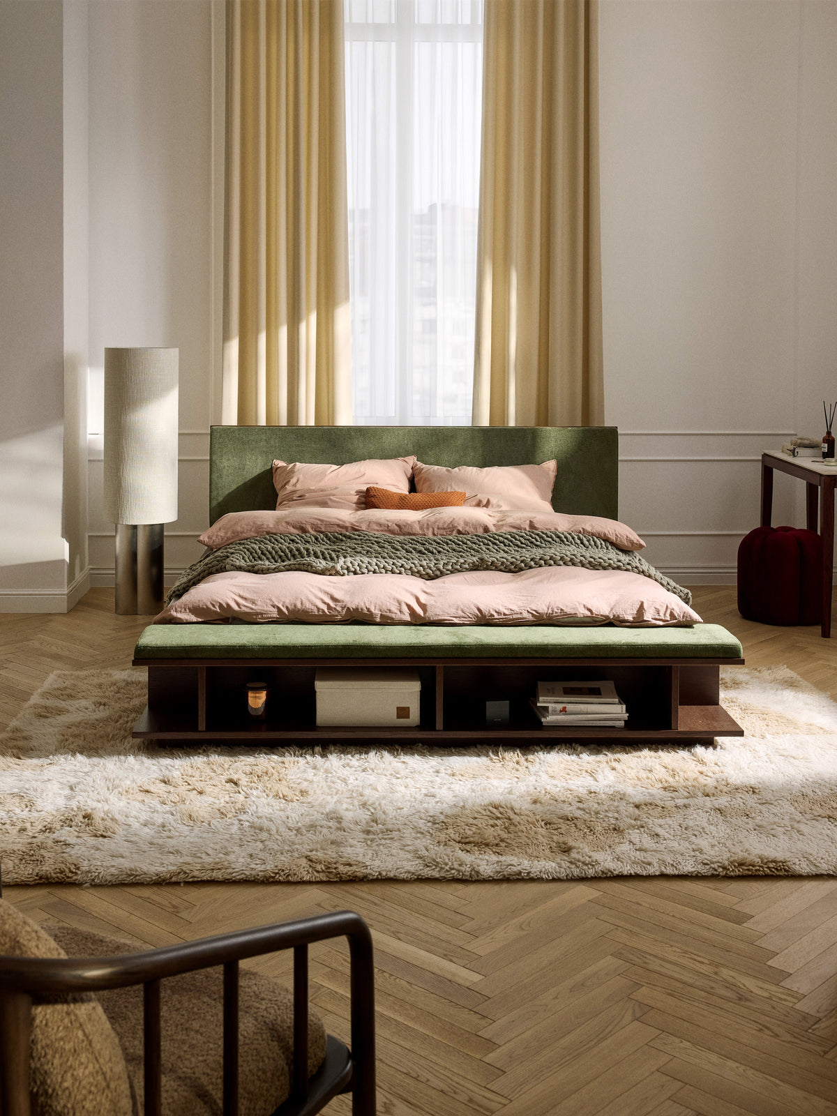 Clarmont Wooden Bed Frame with Bench and Side Shelves