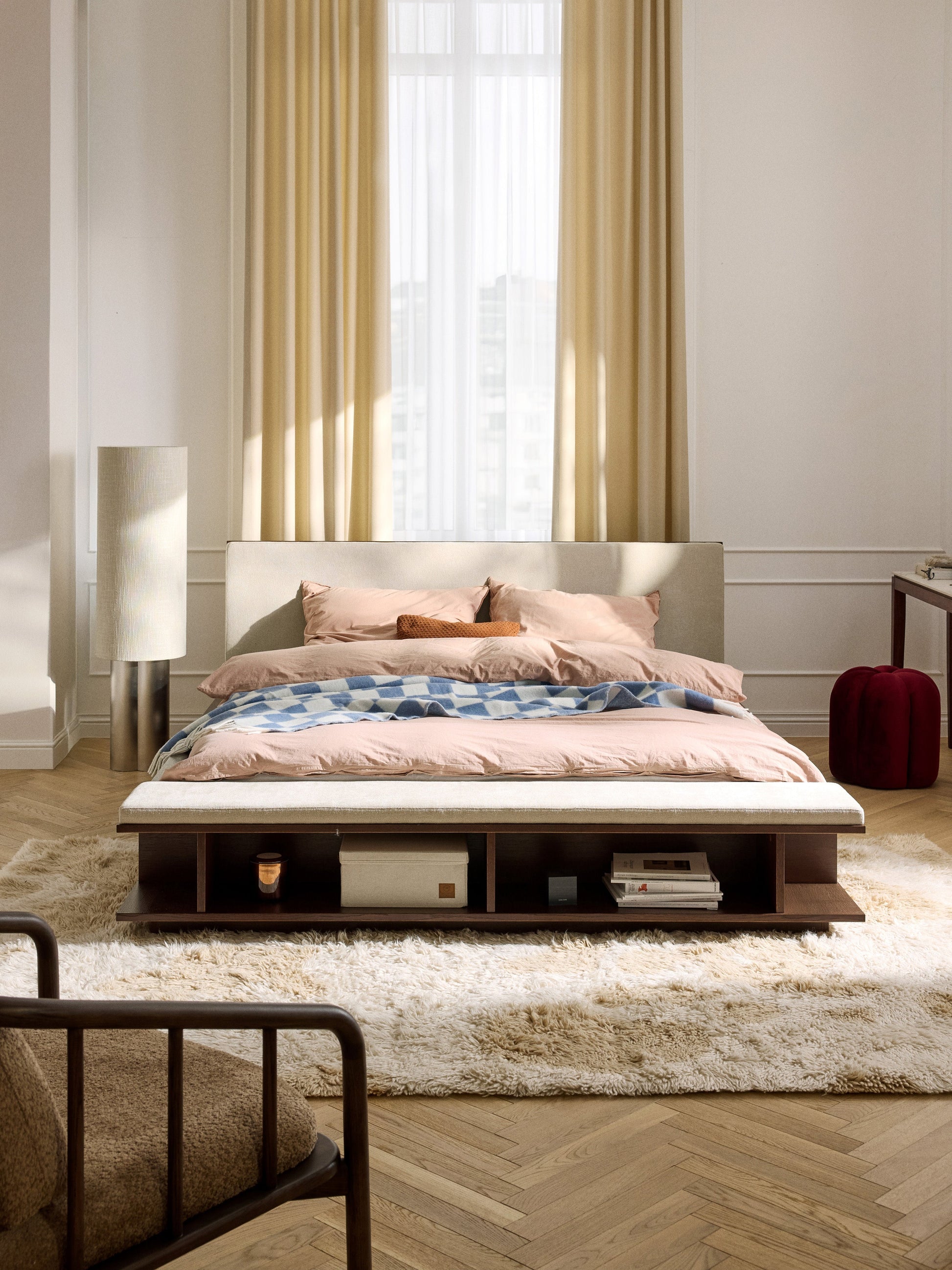 Clarmont Wooden Bed Frame with Bench and Side Shelves