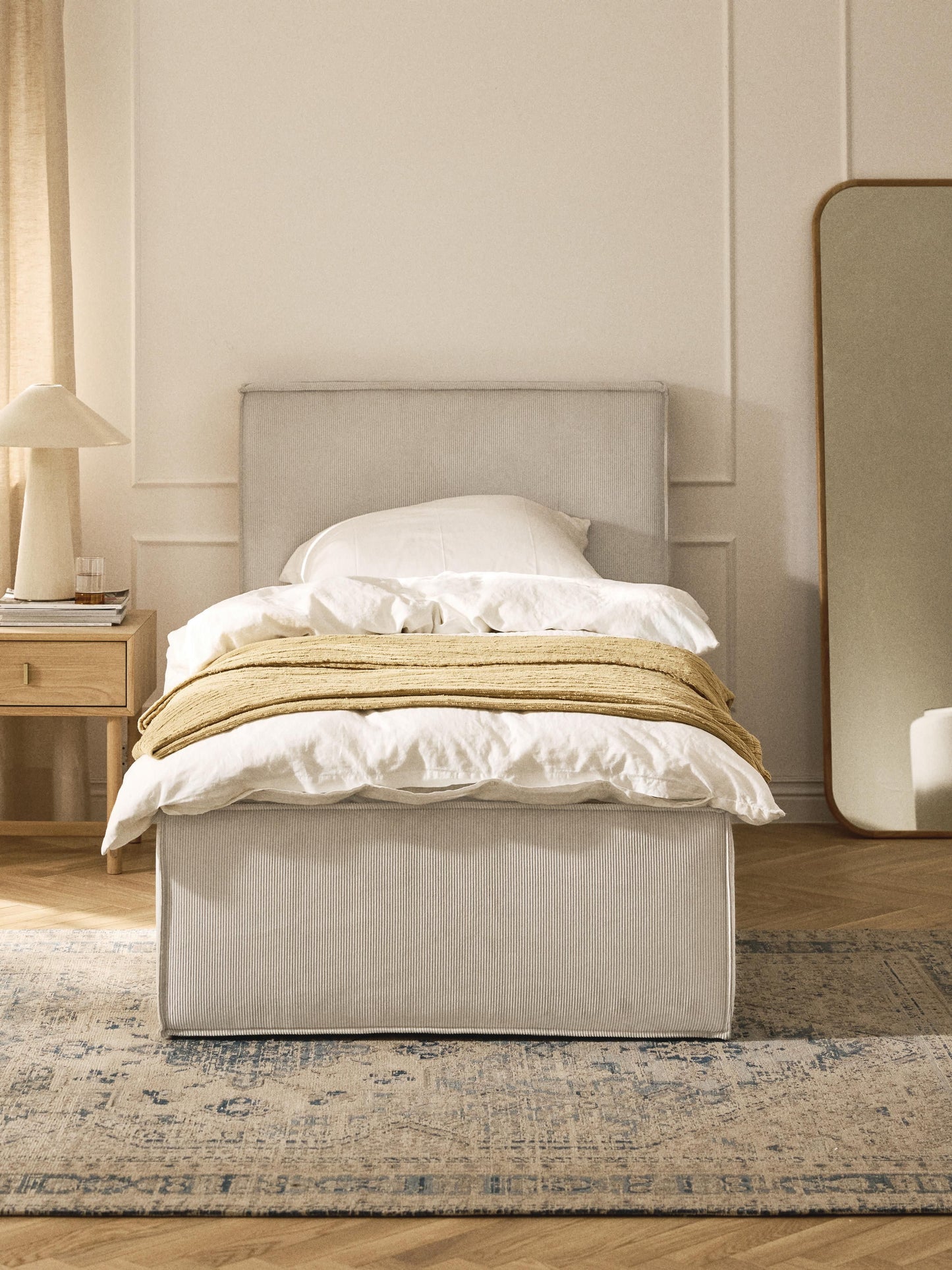 Drennica Corduroy Single Bed with Storage