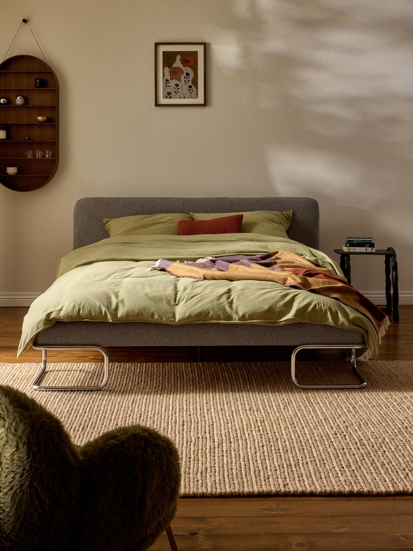 Olinelle Bouclé Upholstered Bed with Metal Legs