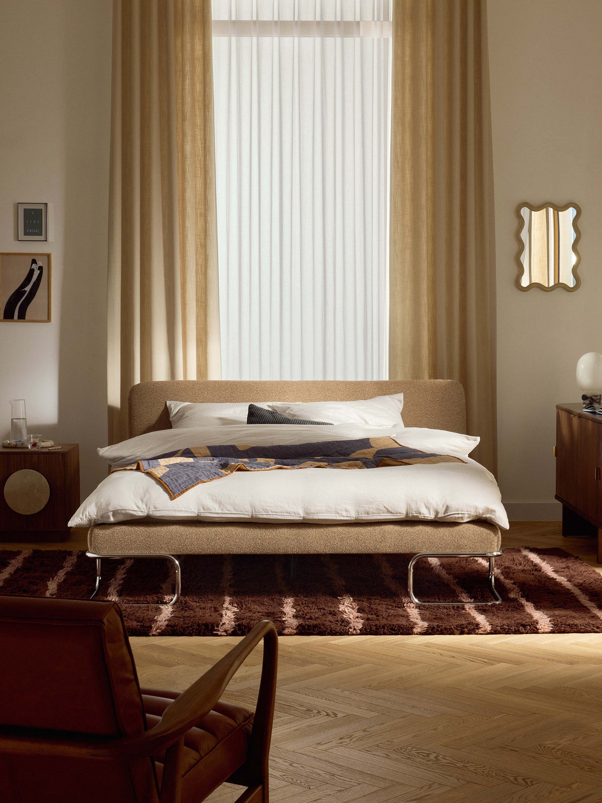 Olinelle Bouclé Upholstered Bed with Metal Legs