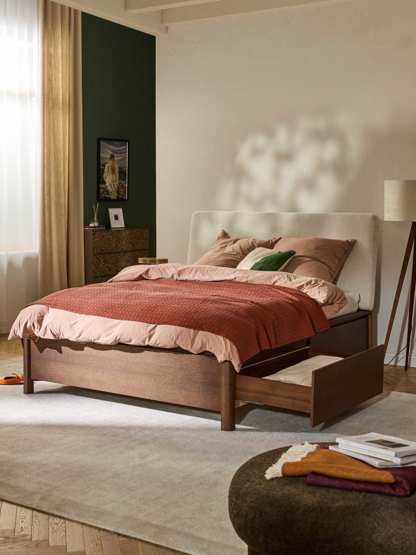 Santoro Wooden Bed with Upholstered Headboard and Drawers